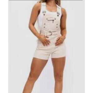 Buffbunny Ivory Over it alls Short Overalls Sz L Adjustable Strap Cotton Stretch